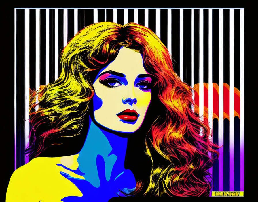 Vibrant Pop Art Portrait of Woman with Flowing Hair on Striped Background