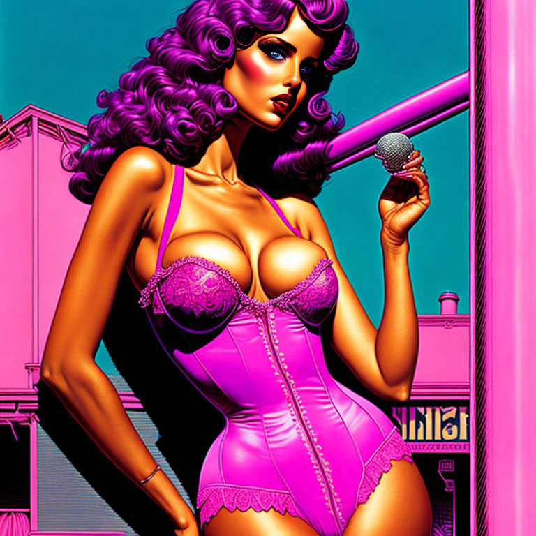 Colorful illustration of woman with purple hair and microphone in pink bodysuit against neon background