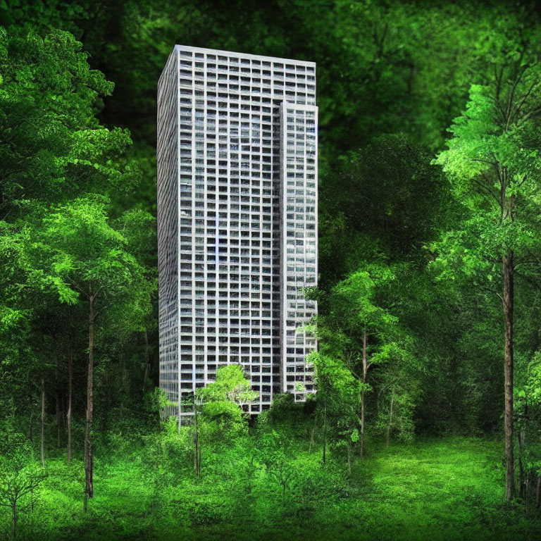 Solitary High-Rise Building in Lush Green Forest Landscape