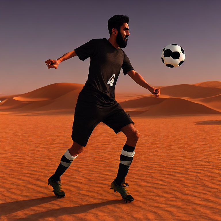 Bearded soccer player in black kit with number 4 in desert setting