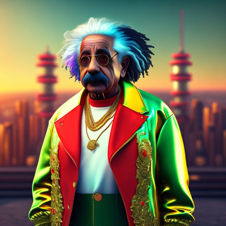 Colorful jacket and white hair person in futuristic cityscape