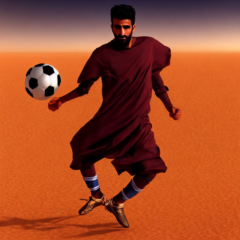 Bearded man in robe and sports shoes balances soccer ball in desert