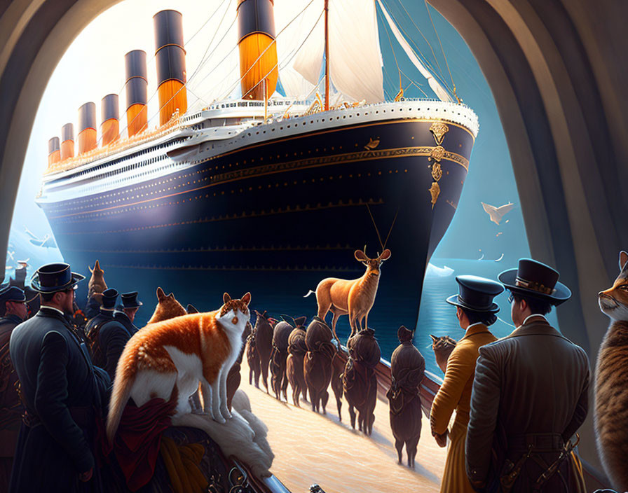 Anthropomorphic animals in vintage attire observe ocean liner departure