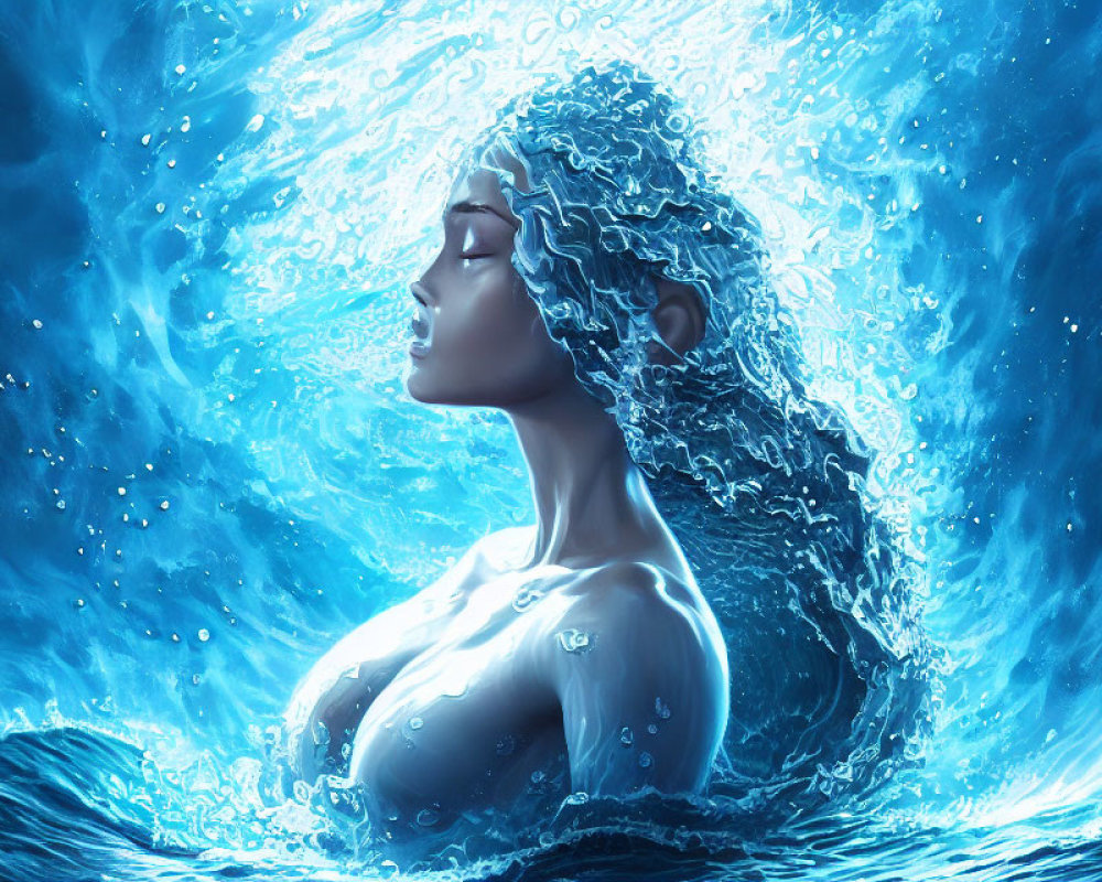 Illustration of woman partially submerged in water, blending with fluid texture