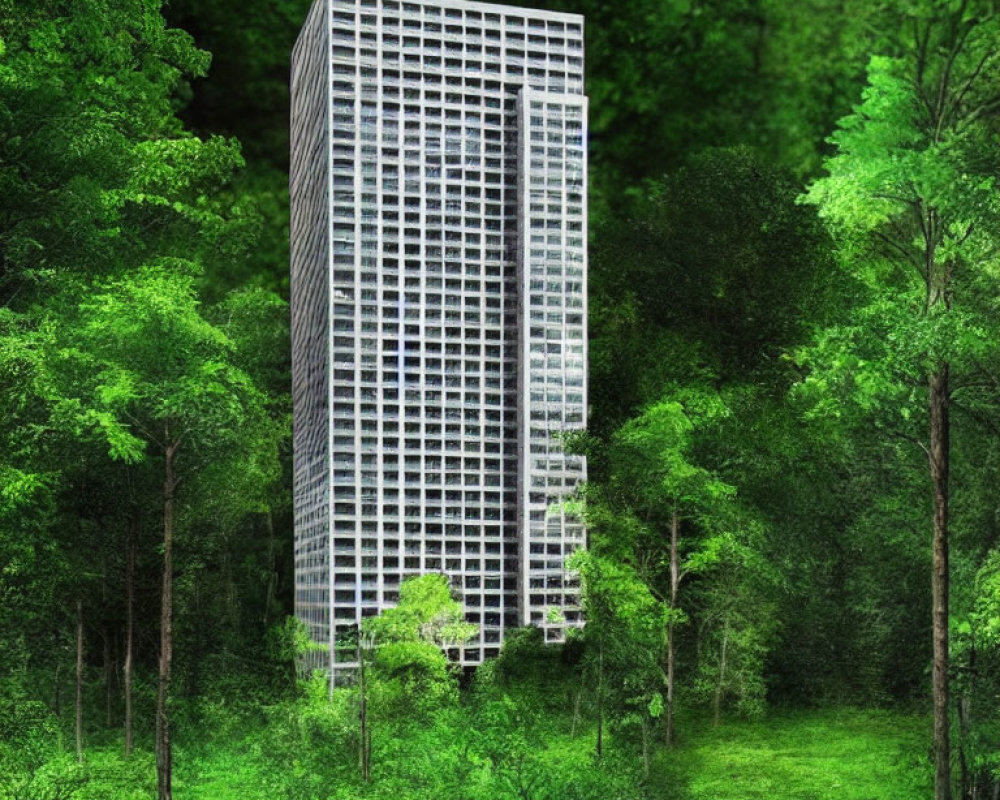 Solitary High-Rise Building in Lush Green Forest Landscape