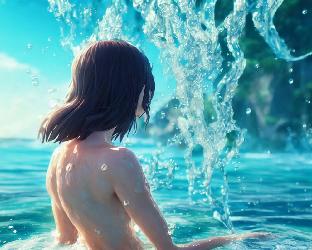 Short-haired individual in clear blue water surrounded by nature and sunlight.