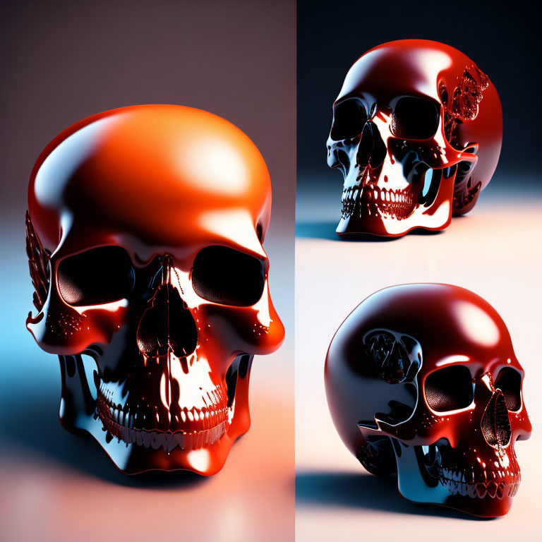 Three Glossy Red Skulls on Blue Gradient Background: Reflective Surfaces