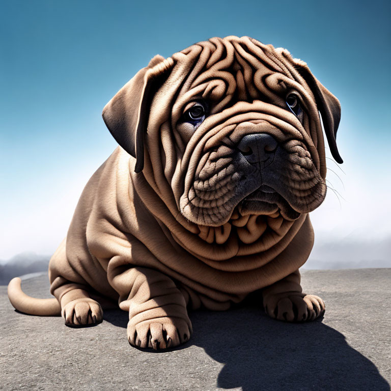 Wrinkled fawn Shar Pei puppy with soulful eyes on concrete under blue sky