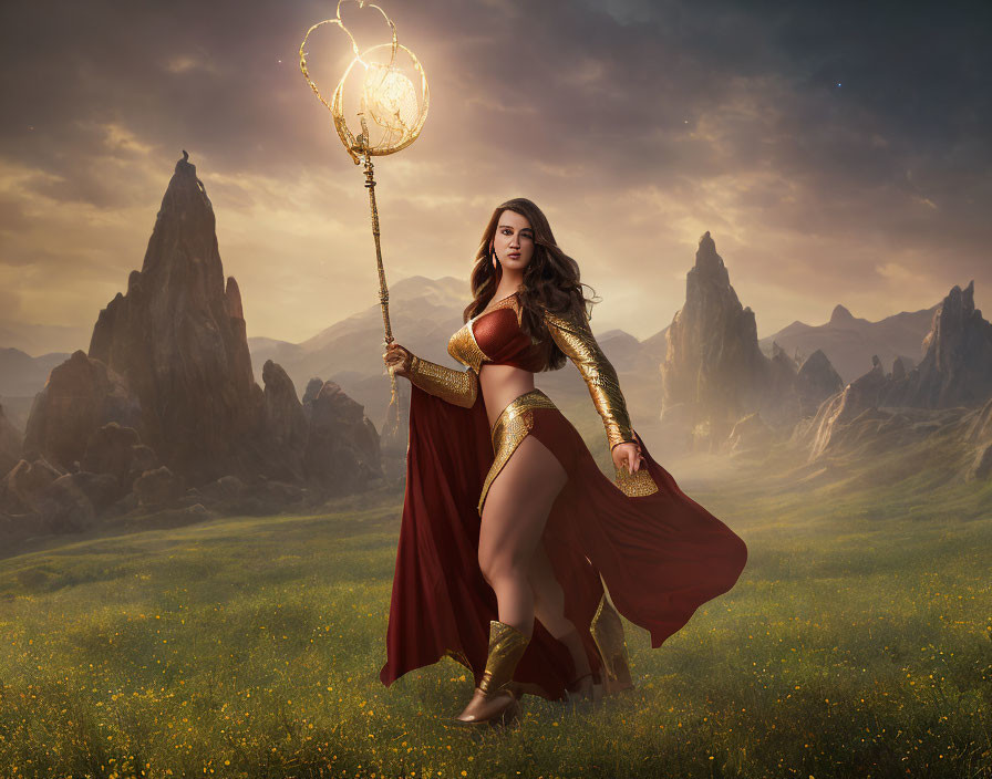 Fantasy warrior woman with ornate staff in majestic landscape