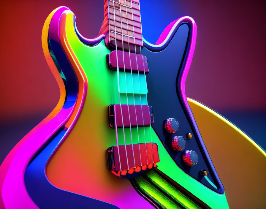 Neon-colored electric guitar with rainbow finish on gradient background