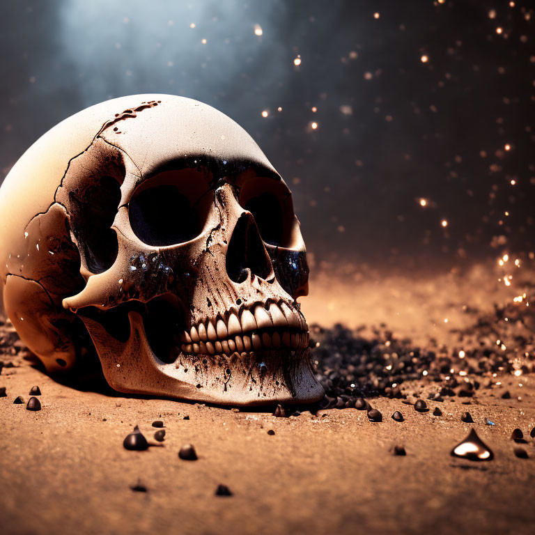 Cracked human skull on sandy surface with dark background