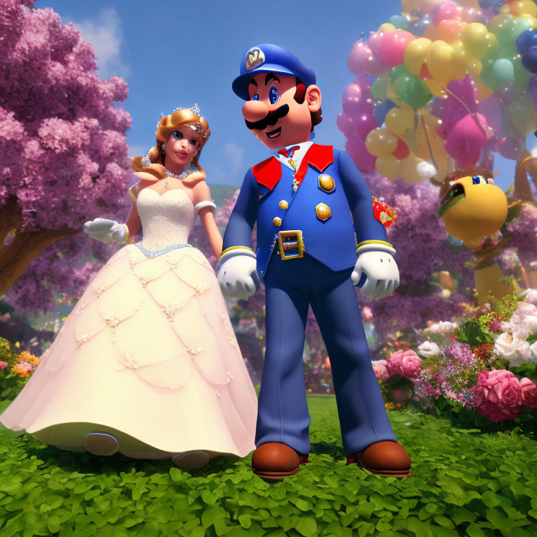 Colorful Mario and Princess Peach illustration with vibrant flowers and balloons