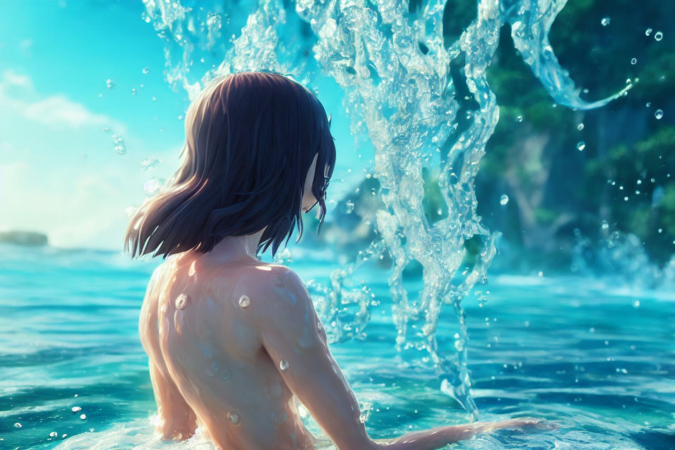 Short-haired individual in clear blue water surrounded by nature and sunlight.