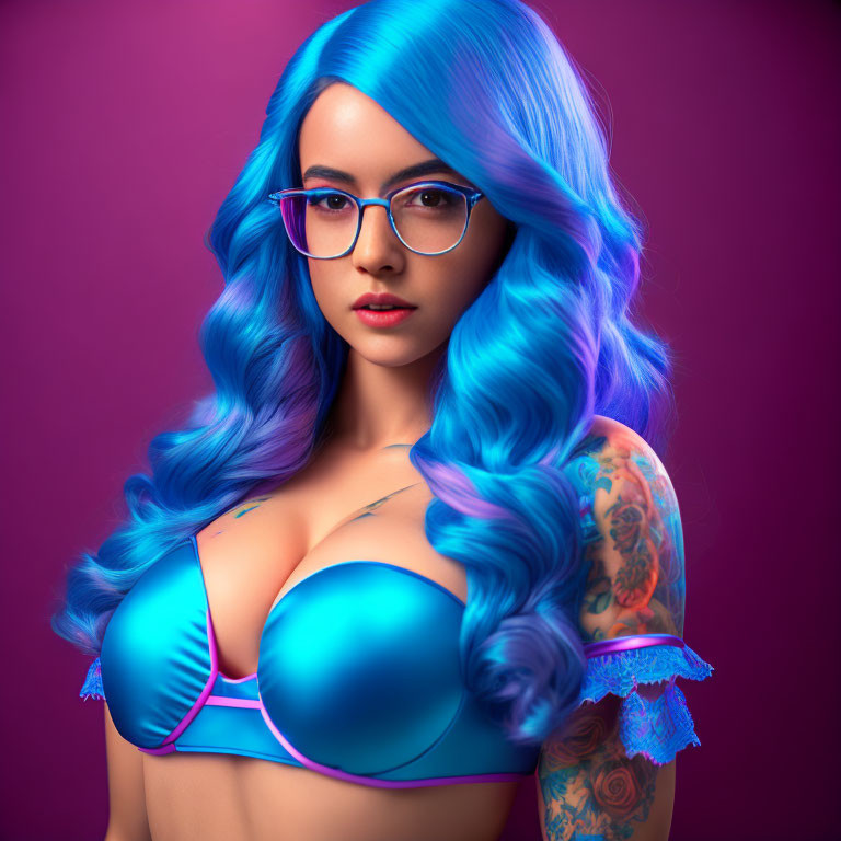 Vibrant blue-haired woman with tattoos and glasses against pink background