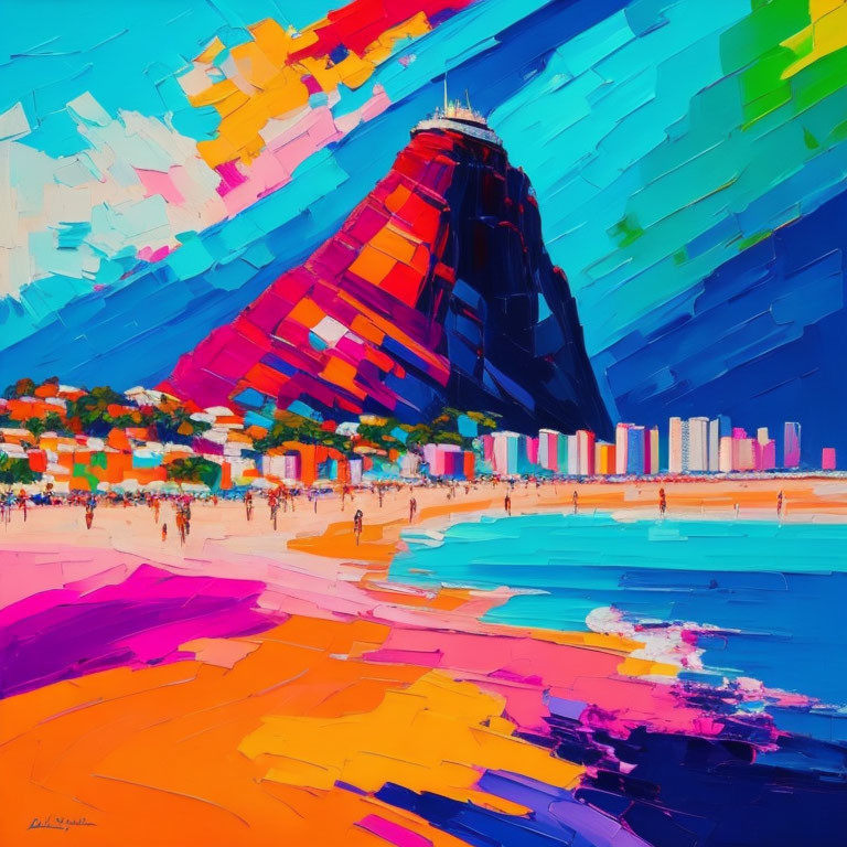 Colorful Expressionistic Beach Painting with Mountain and Figures