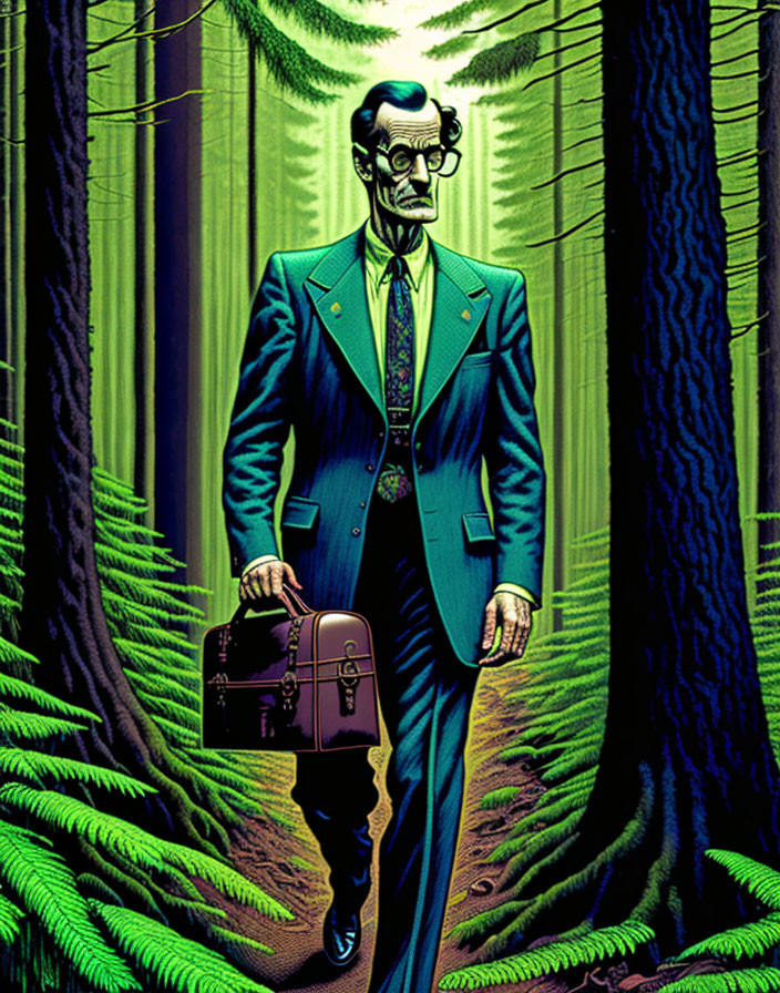 Man in green suit with briefcase in forest illustration