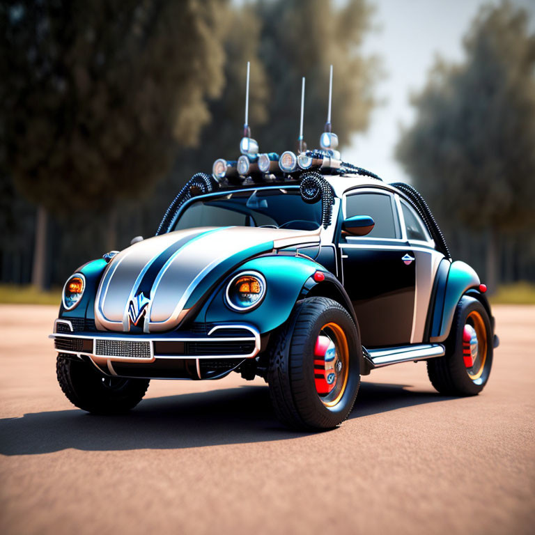 Customized Metallic Blue and Black Volkswagen Beetle with Red-Rimmed Wheels