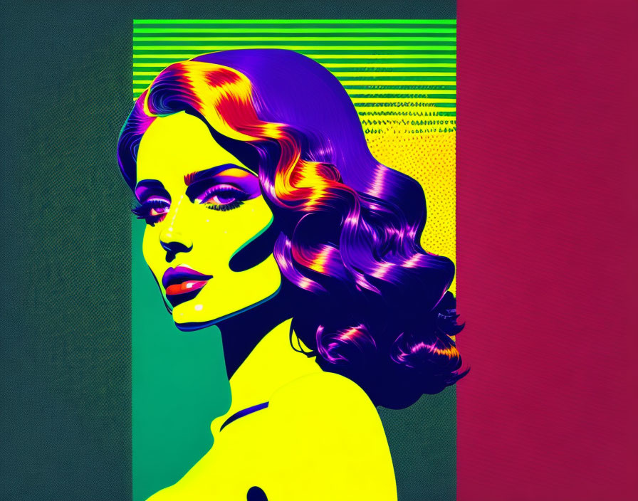 Vibrant pop art-style woman illustration with wavy hair on split background