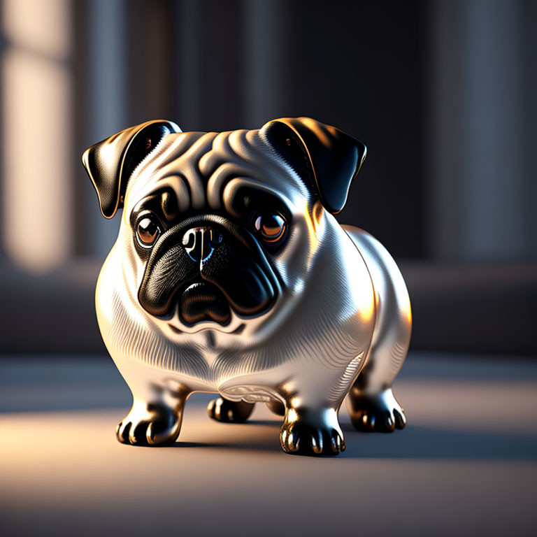 Shiny metallic pug sculpture with detailed textures on blurred background