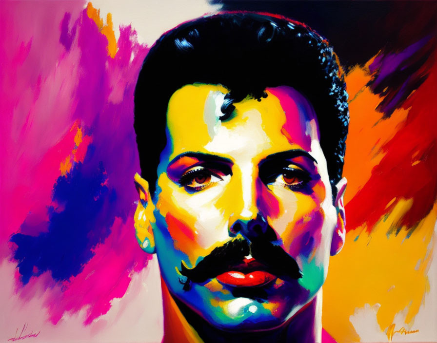 Vibrant portrait of a man with a mustache on colorful abstract backdrop