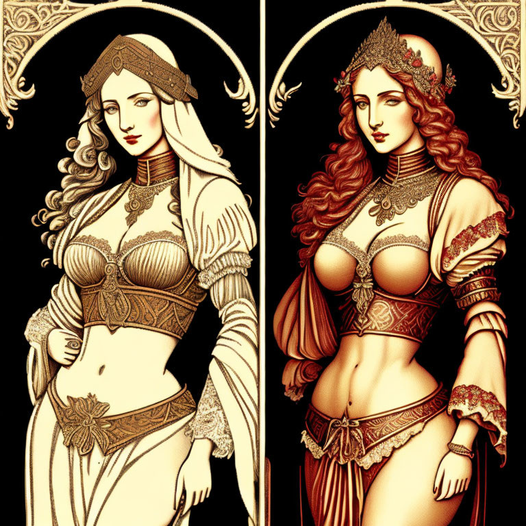 Fantasy-themed illustrations of women in ornate attire on golden background