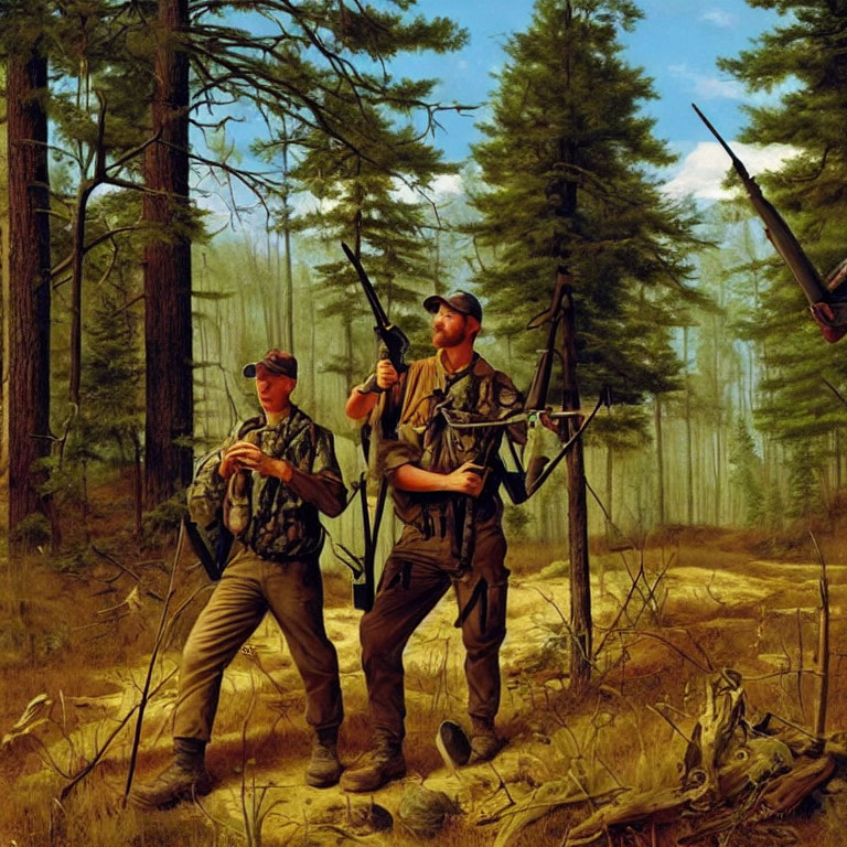 Camouflaged hunters with rifles in forest scene