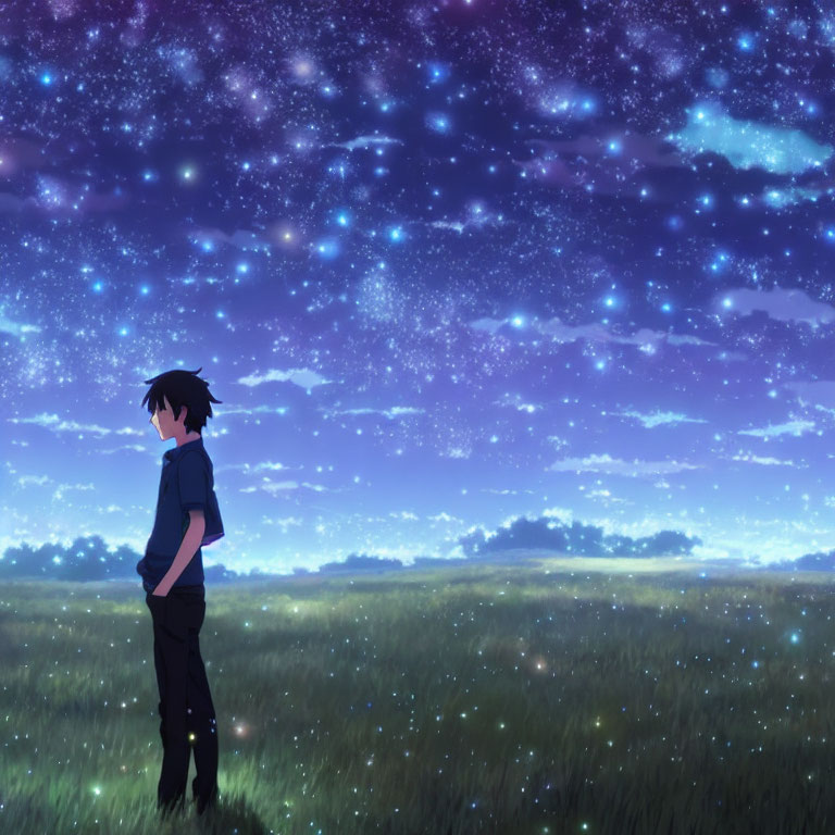 Person standing in grassy field under star-filled night sky