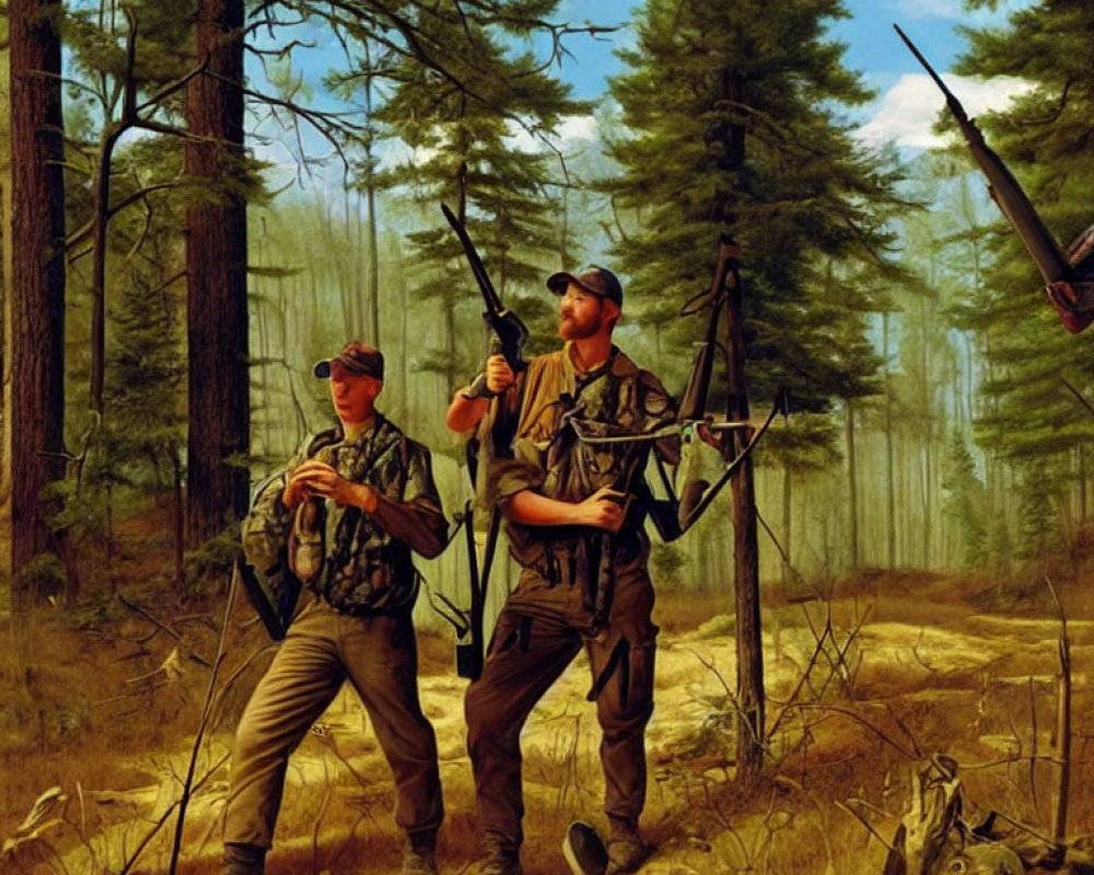 Camouflaged hunters with rifles in forest scene