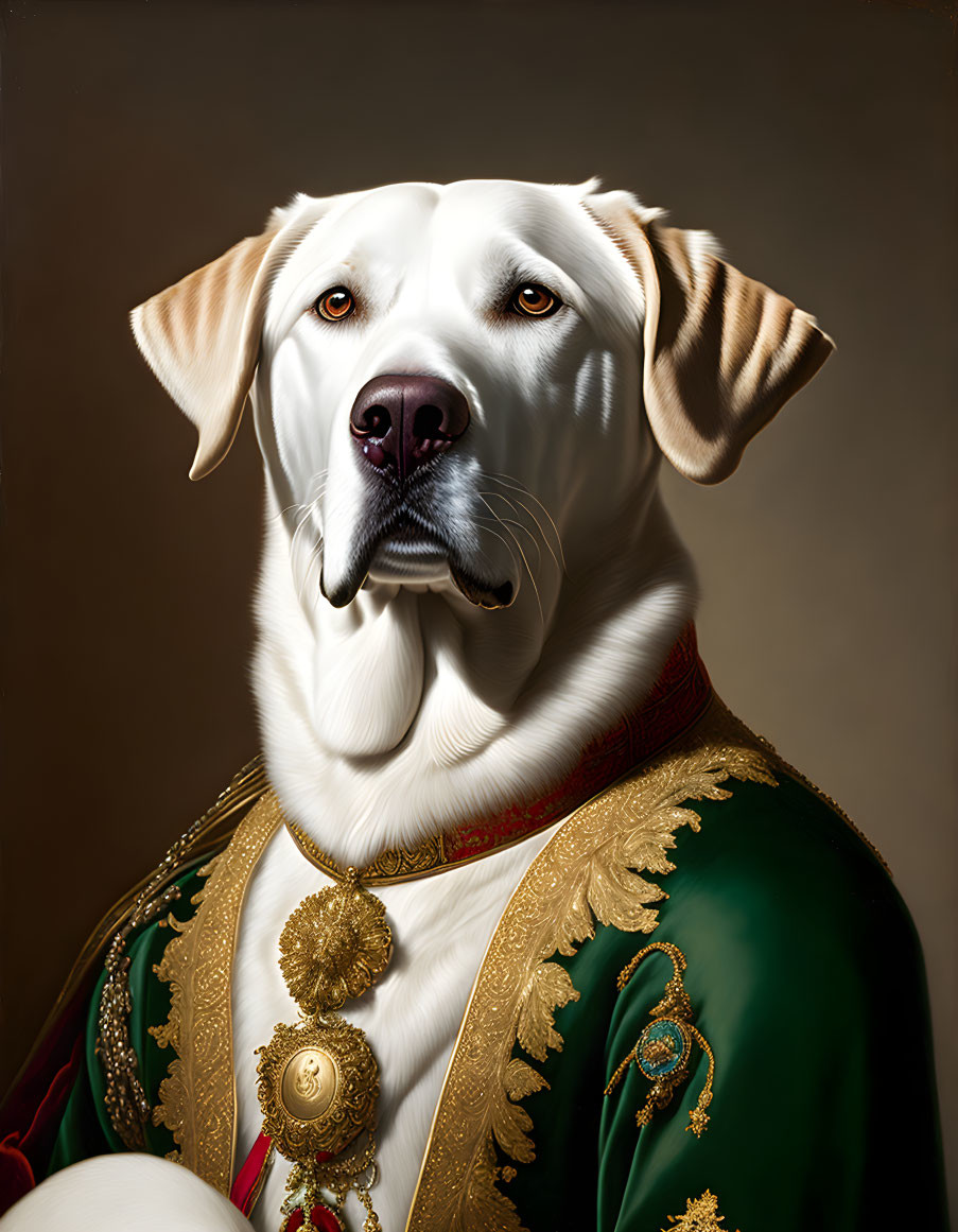 Regal portrait of a dog in noble attire with green and gold embroidered outfit