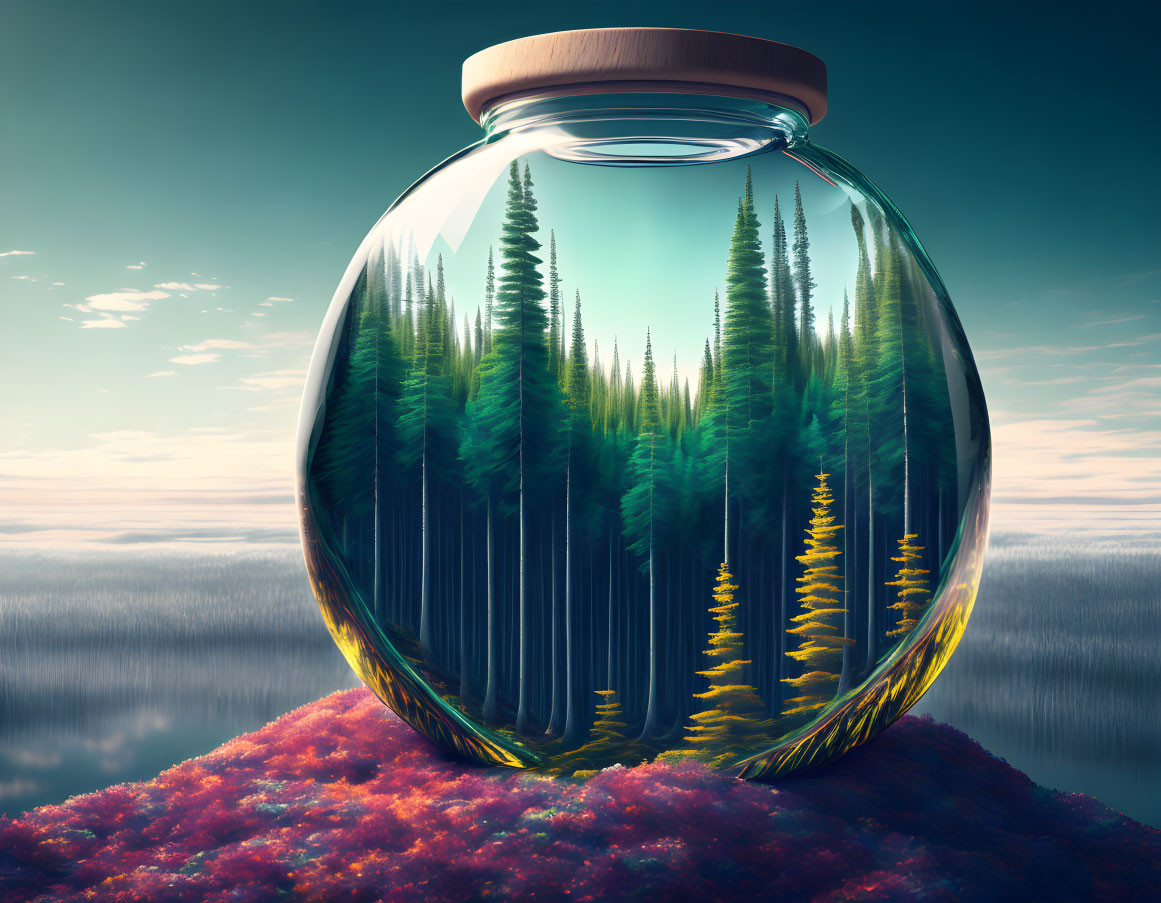 Forest in glass jar on mossy surface under cloudy sky