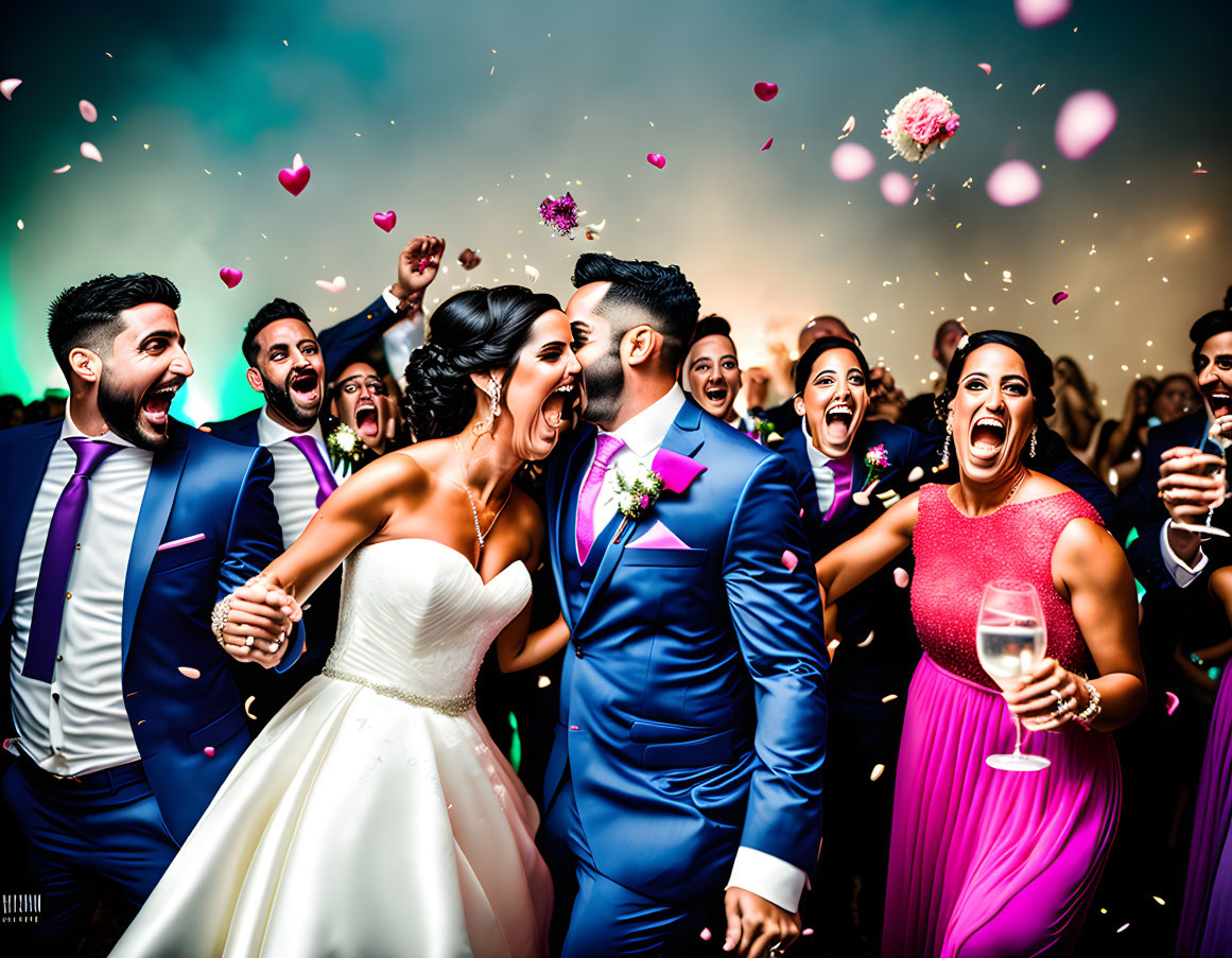 Colorful Wedding Celebration with Joyful Bride and Groom