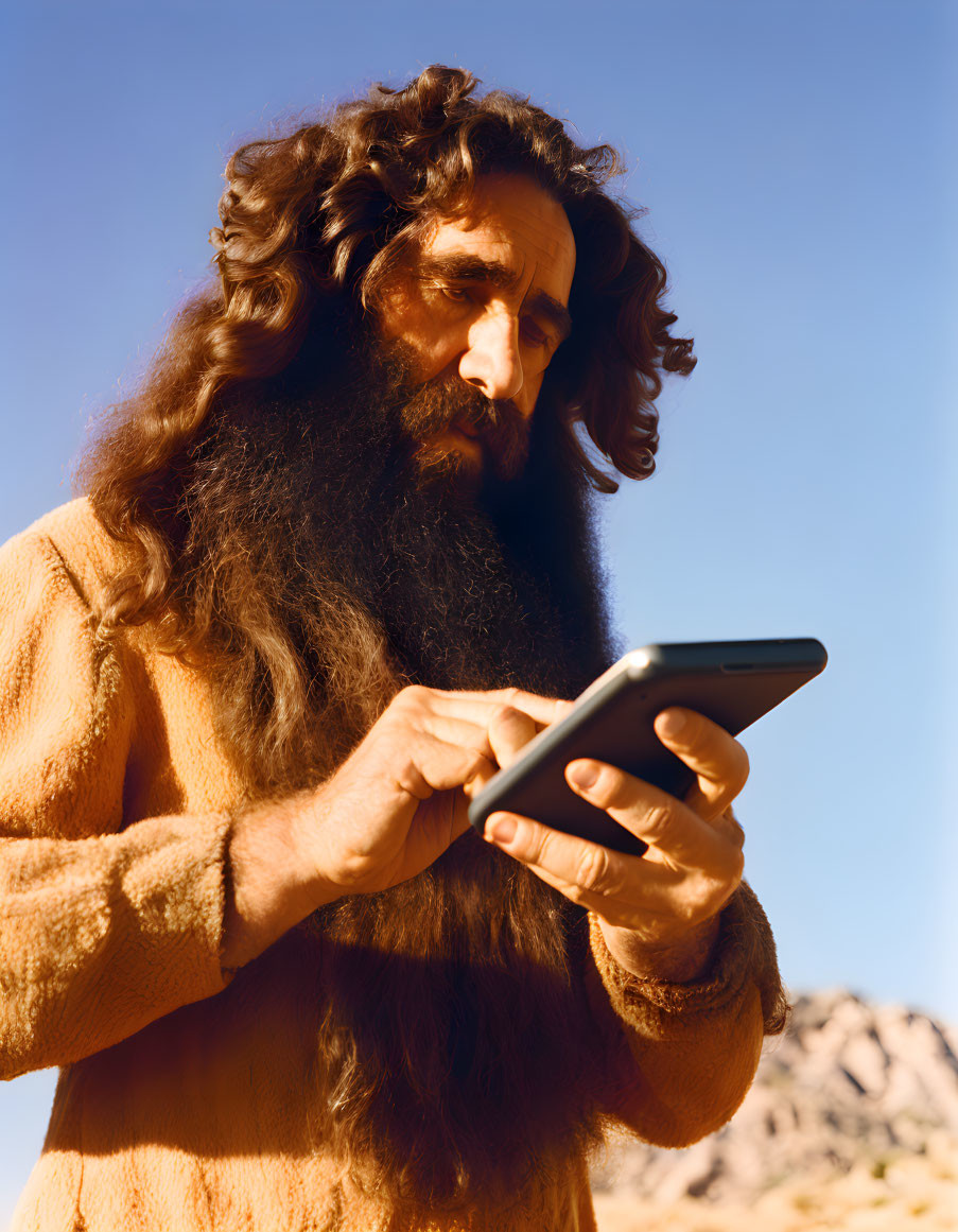 Bearded man with curly hair looking at smartphone outdoors