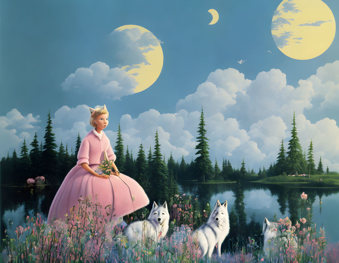 Illustration of girl in pink dress with wolves in flowery field under two moons