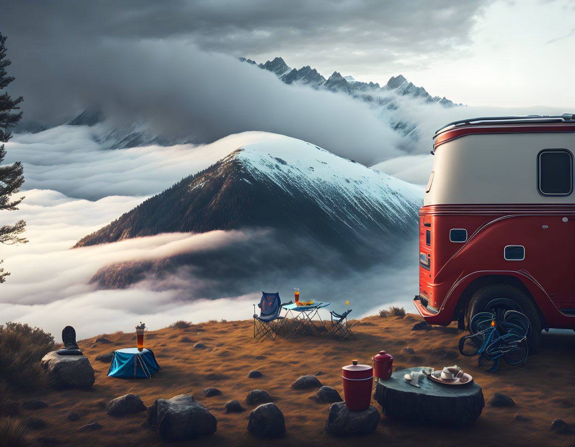 Tranquil campsite with red van, misty valley, and snowy mountains at dusk