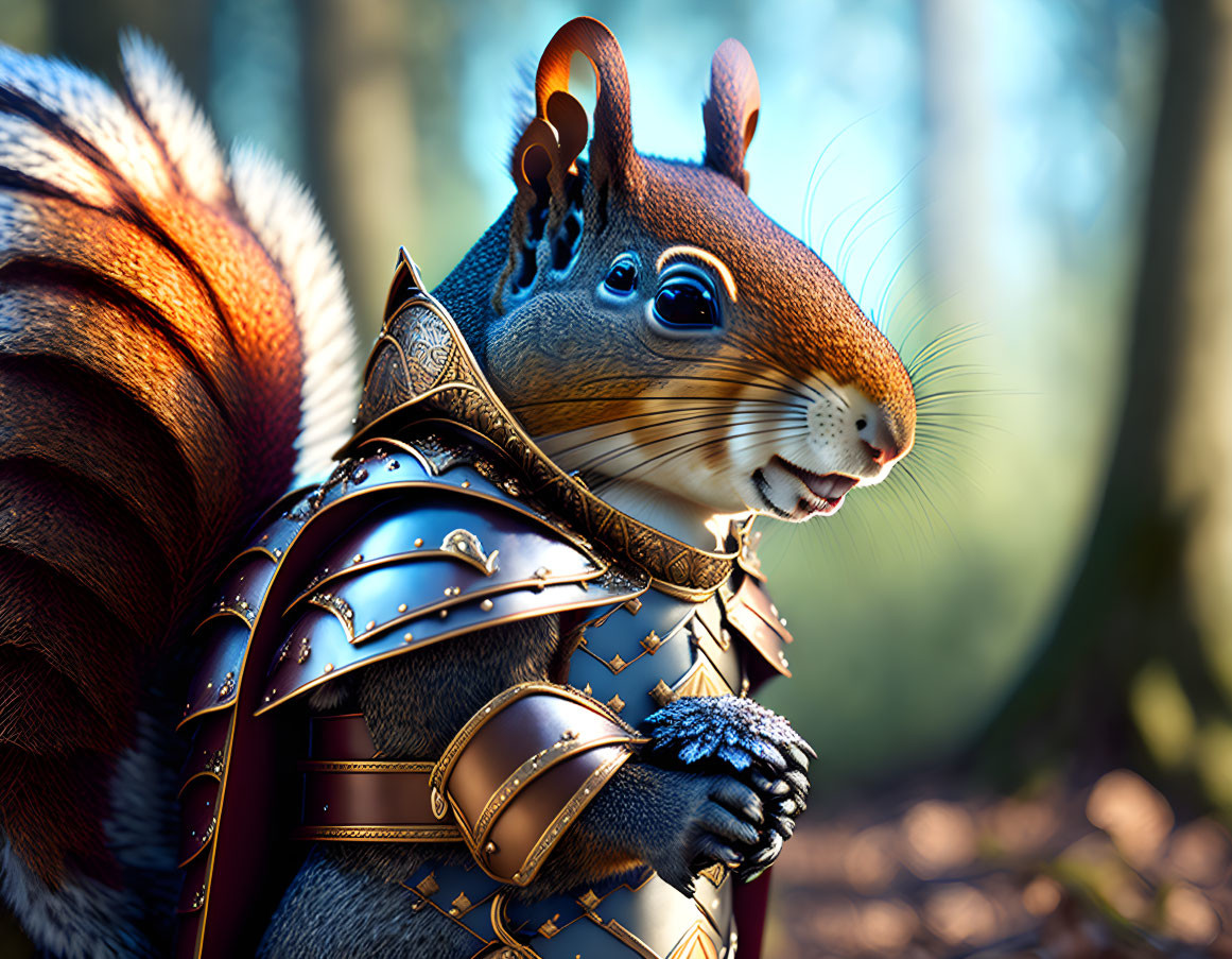 Anthropomorphic squirrel in medieval armor in forest setting