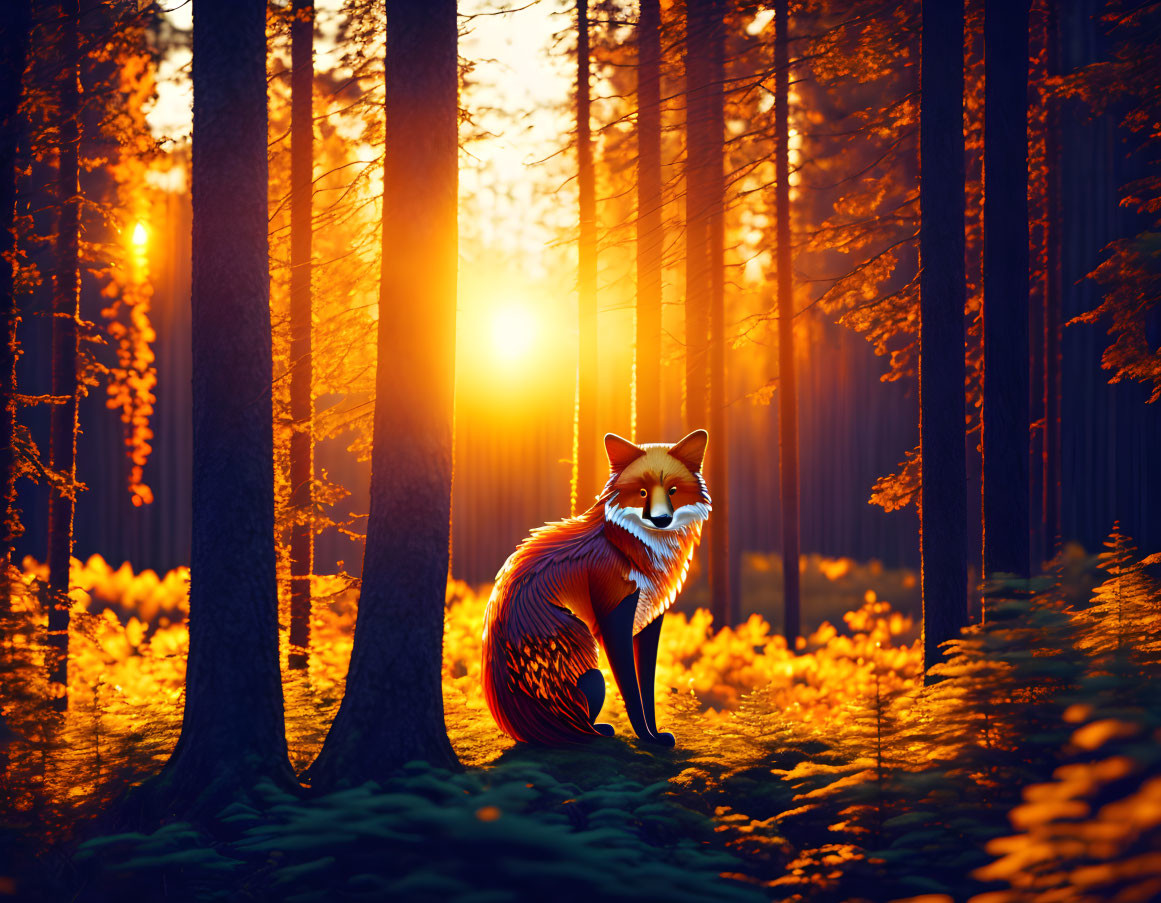 Fox in forest at sunset with golden light rays