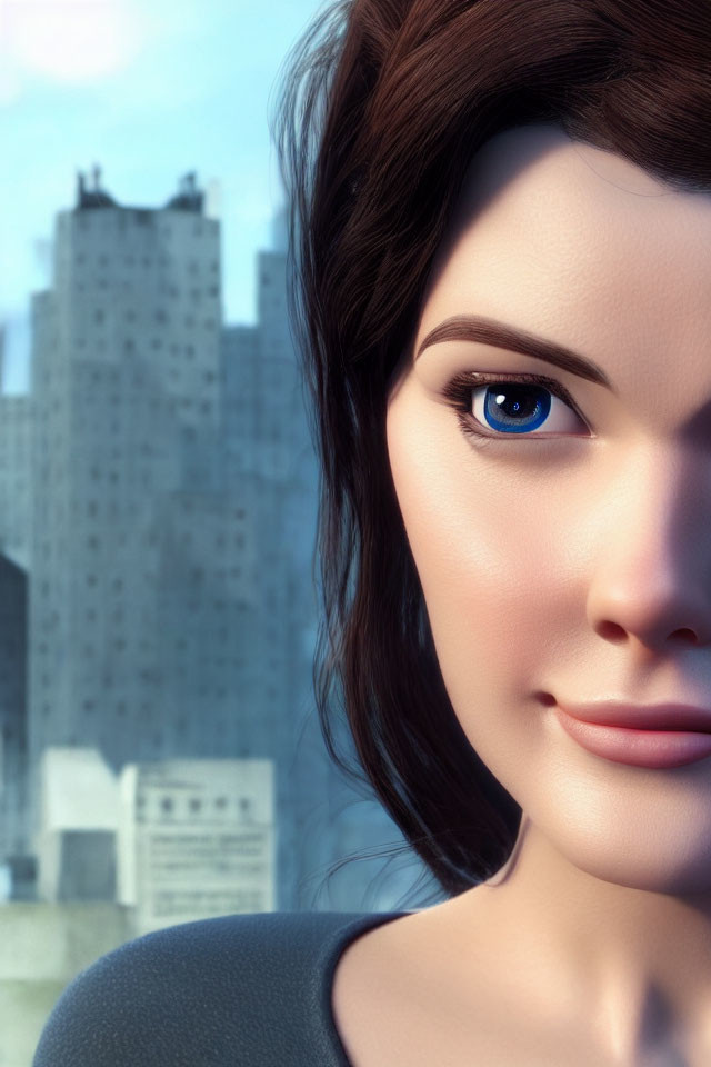 Brown-haired woman in 3D animation smiles with cityscape backdrop