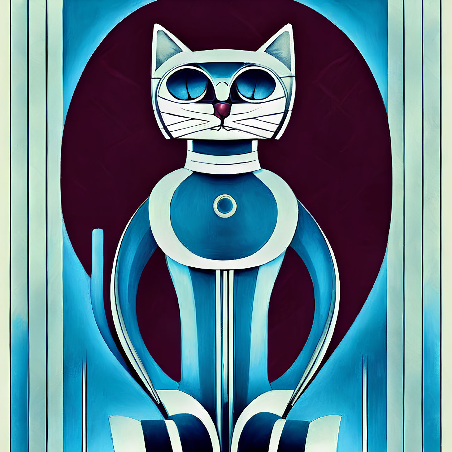 Metallic Blue Cat Sculpture with White Eyes Against Turquoise Panels