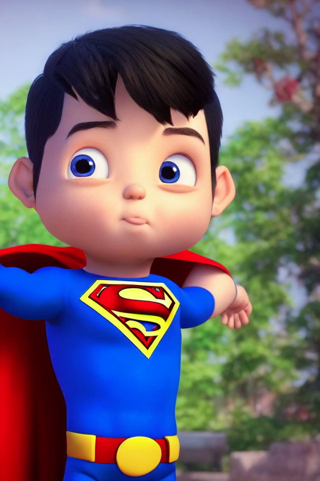 Young boy in Superman costume with red cape confidently standing outdoors