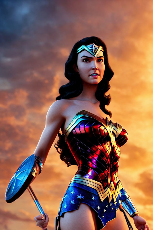 Female superhero with tiara and shield under dramatic sunset sky