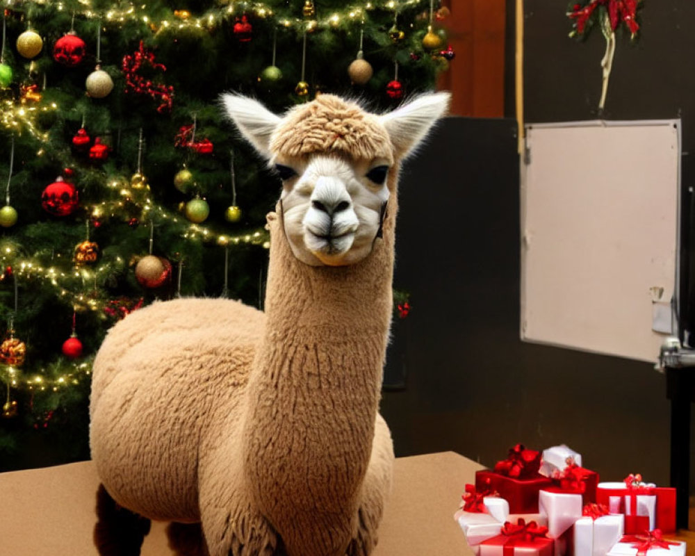 Festive Alpaca with Christmas Tree and Presents