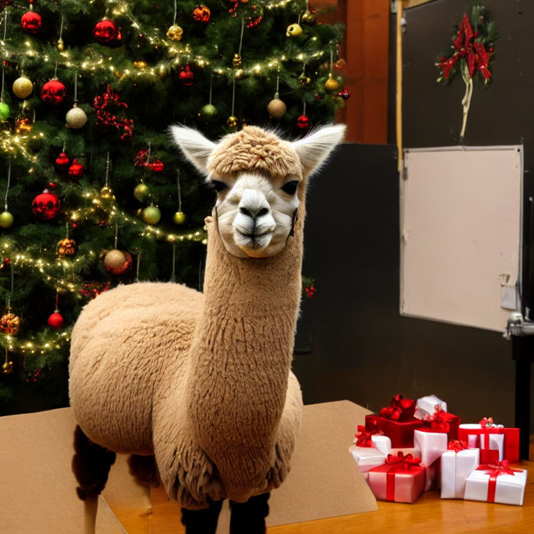 Festive Alpaca with Christmas Tree and Presents