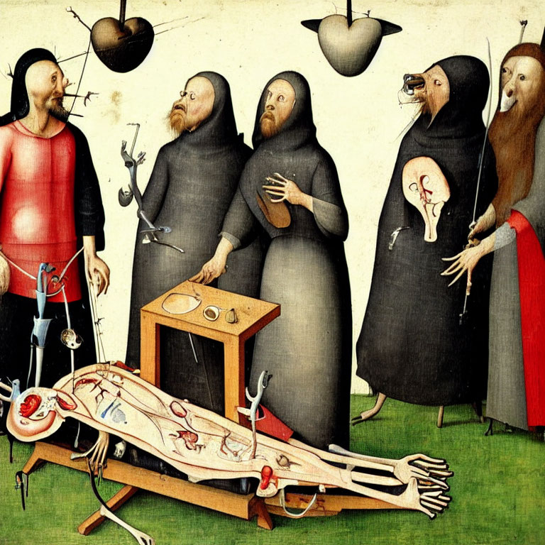 Medieval painting of robed figures dissecting a body