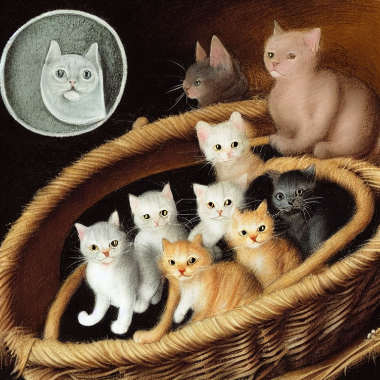 Seven adorable kittens in a basket with proud cat in background