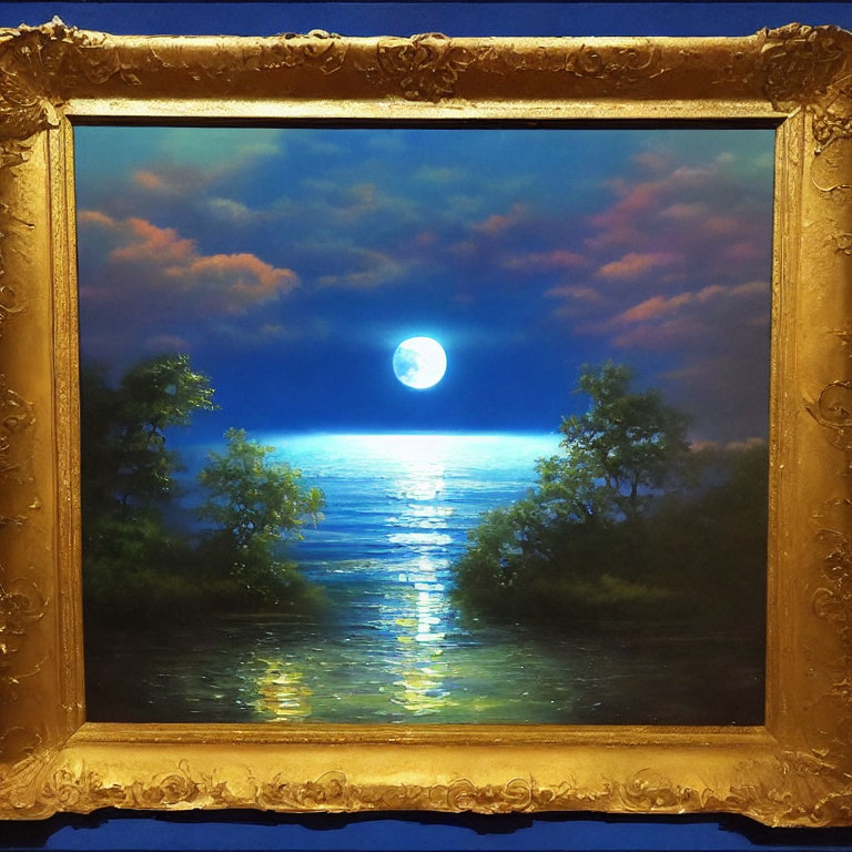 Full Moon Painting: Ocean Reflection with Trees Silhouette