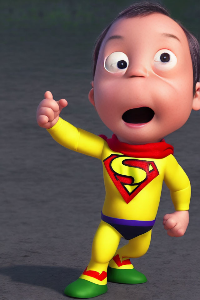 Young animated superhero character pointing upwards in computer-generated image