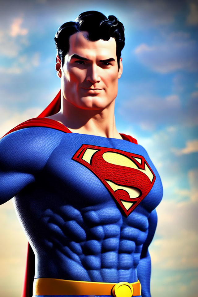 Muscular superhero in blue suit with red cape and 'S' emblem, against sky backdrop