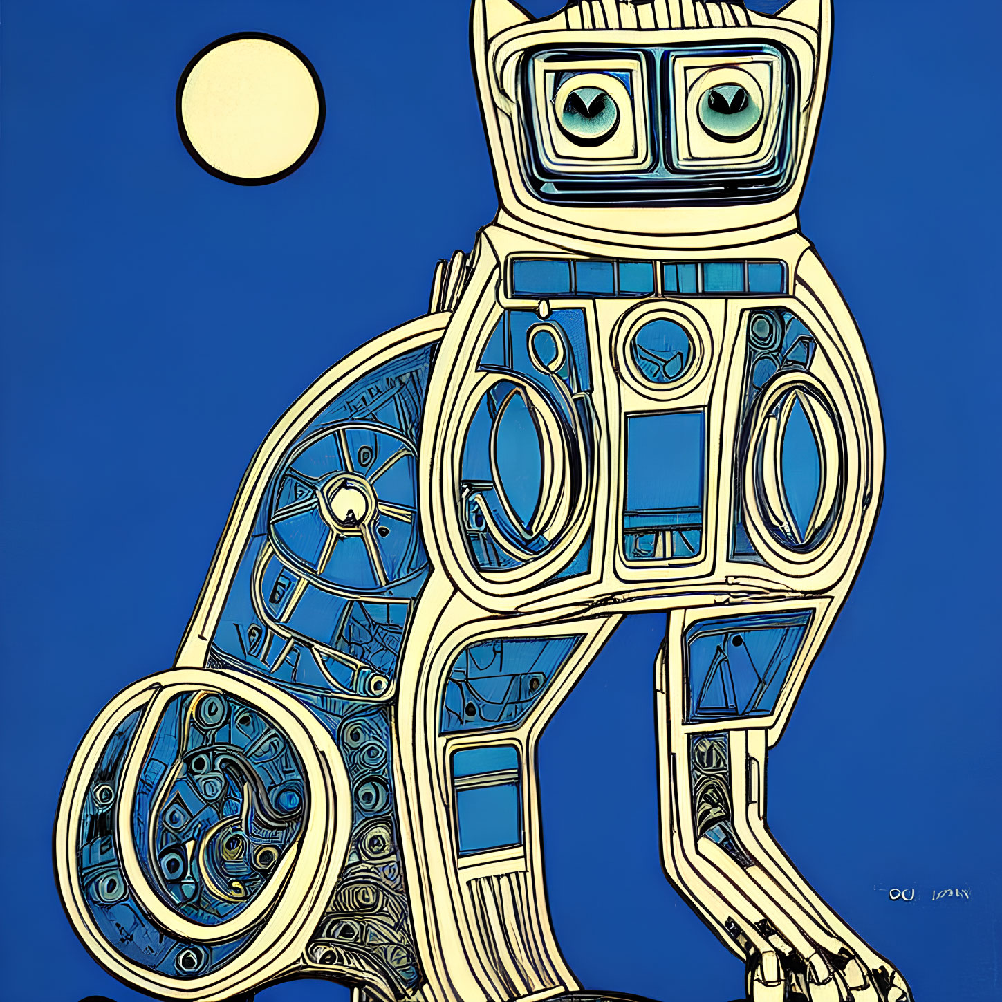 Mechanical robot with visible gears on blue background and yellow circle