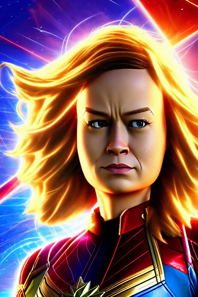 Stylized Captain Marvel illustration with glowing hair in cosmic setting