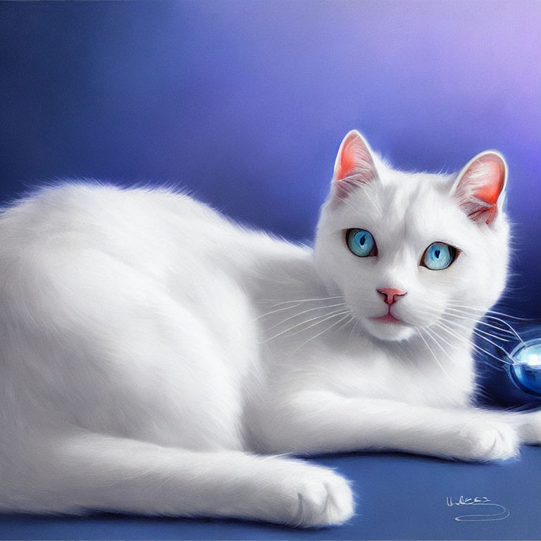 White cat with blue eyes next to blue ball on blue background